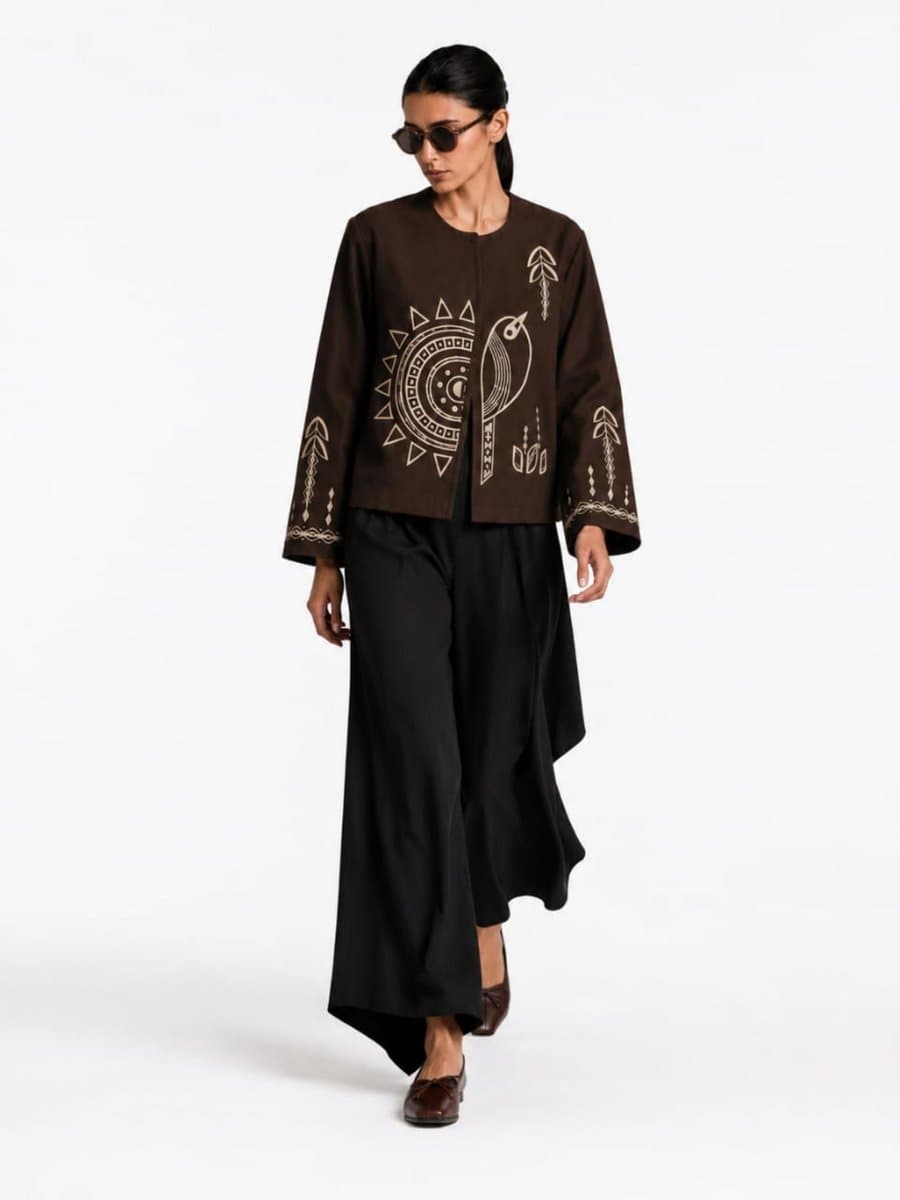 Brown embroidered jacket with wide black pants