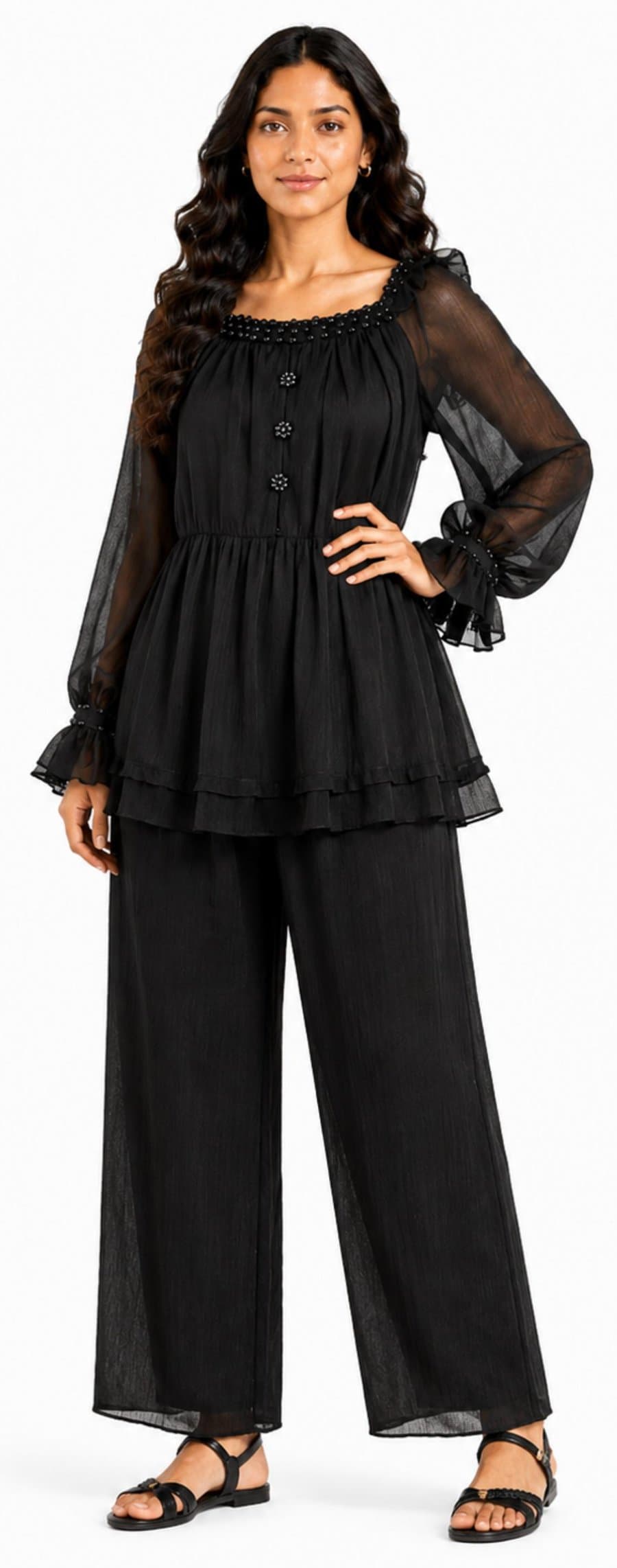 Black sheer ruffle top with pants