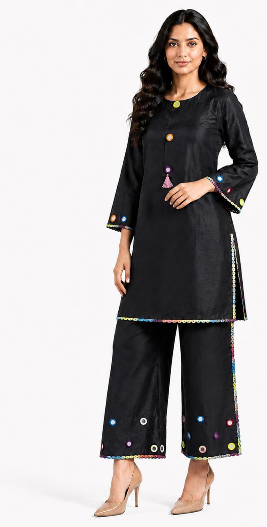 Black tunic with colorful buttons and wide pants